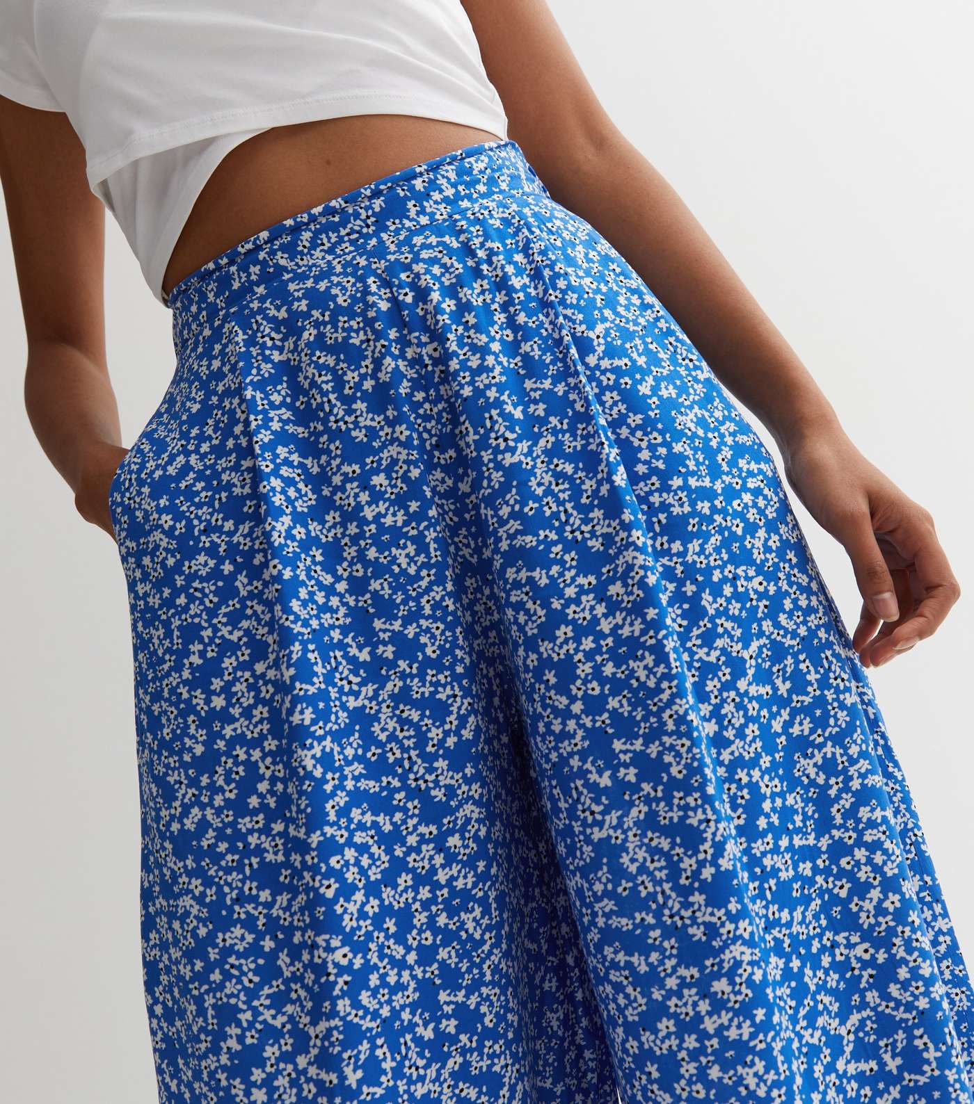 Blue Ditsy Floral Wide Leg Crop Trousers Image 3