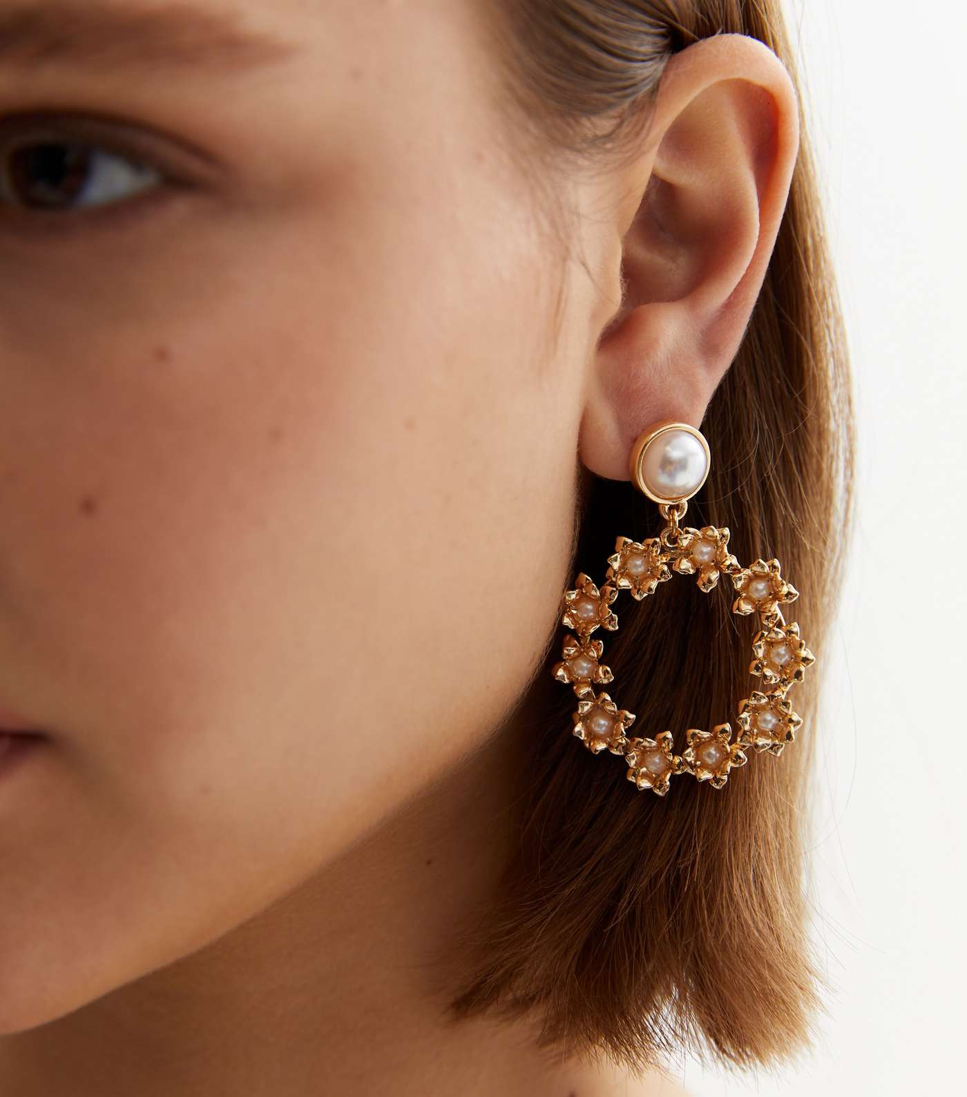 Gold Faux Pearl Floral Doorknocker Earrings Image 2