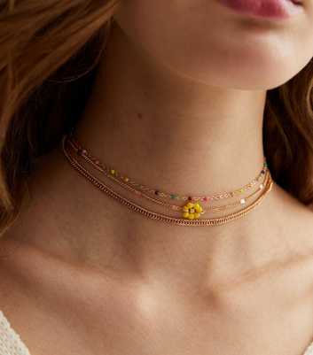 Gold Beaded Flower Layered Choker