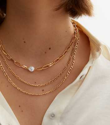 Gold Faux Pearl Chain Layered Necklace