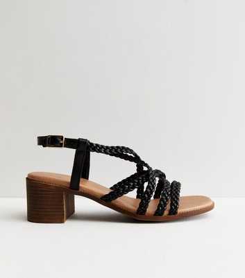 Wide Fit Black Plaited Strappy Block Heel Sandals