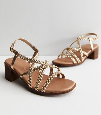 Wide Fit Gold Plaited Strappy Mid Block Heel Sandals | New Look