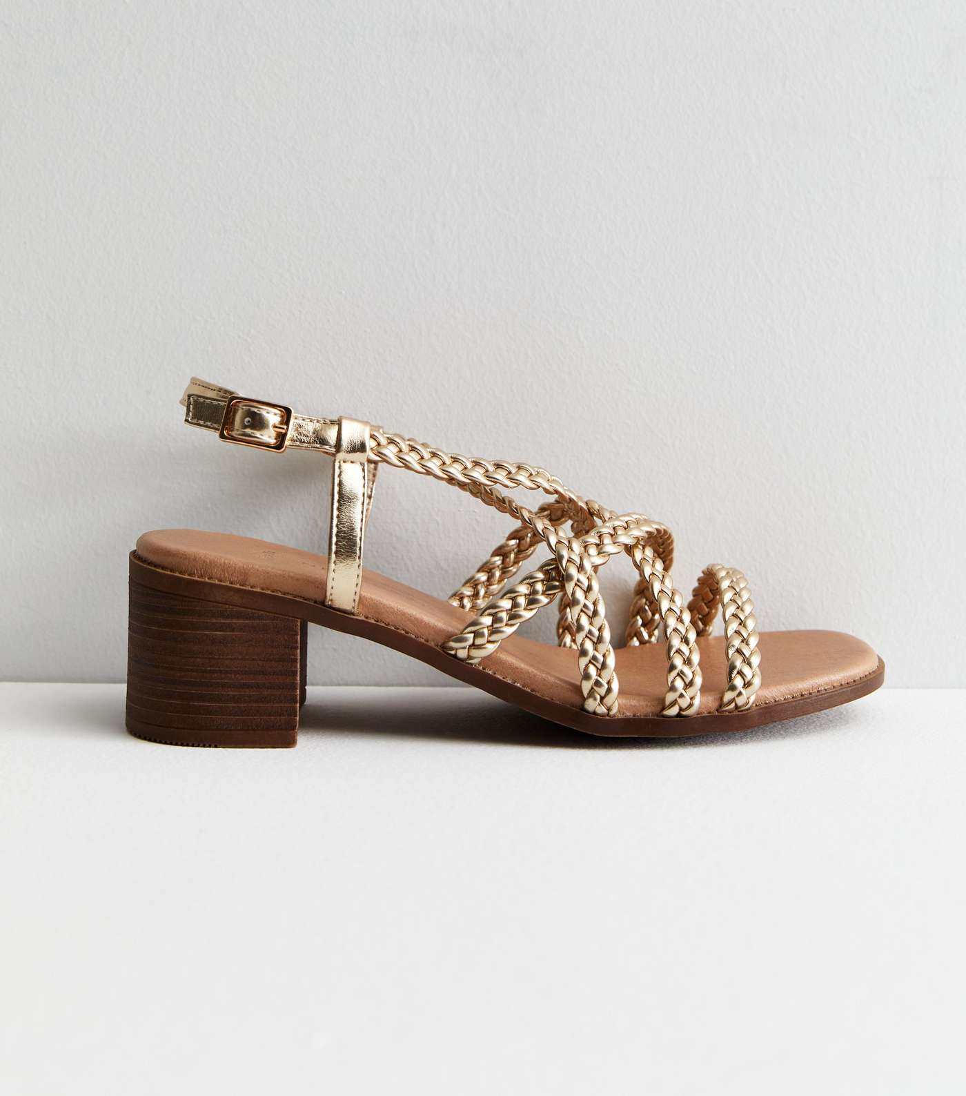 Wide Fit Gold Plaited Strappy Mid Block Heel Sandals Image 3