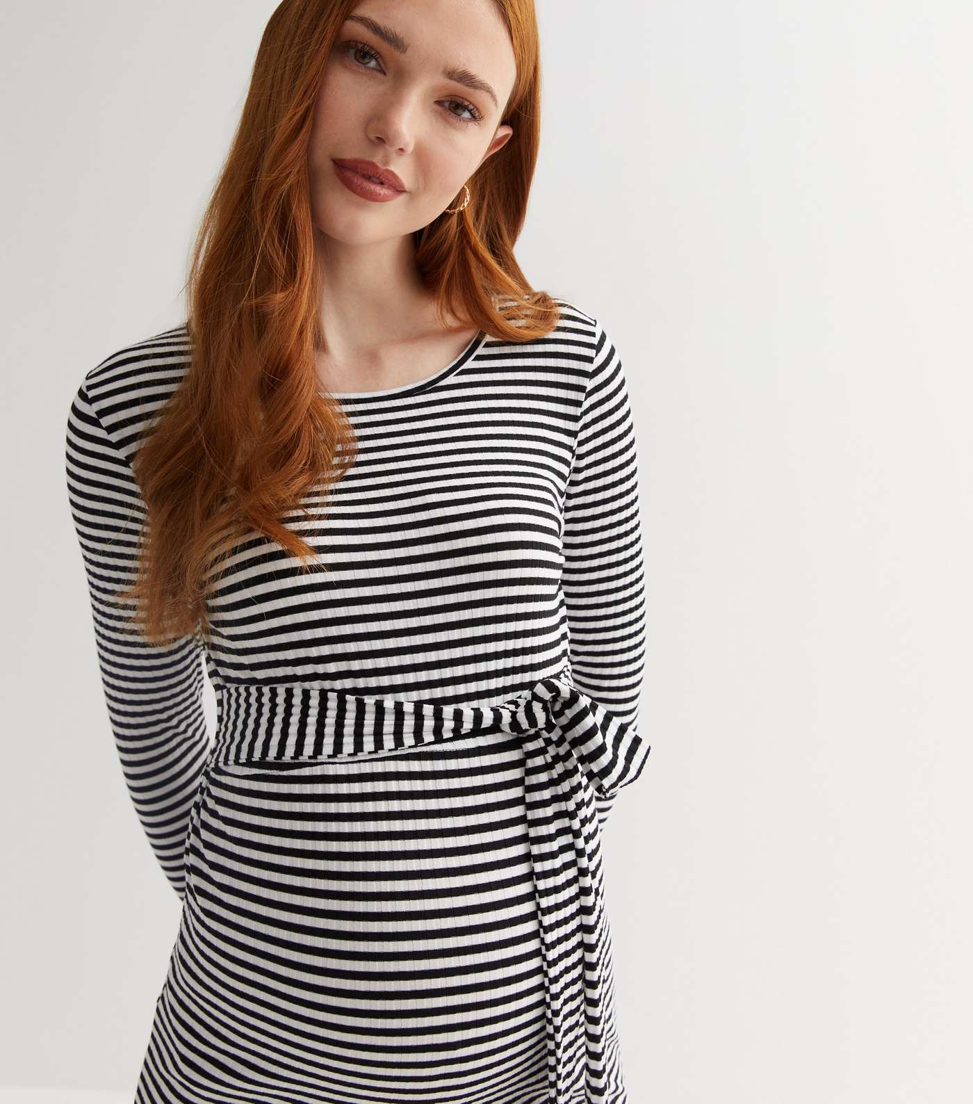 Maternity Black Stripe Belted Midi Dress Image 2