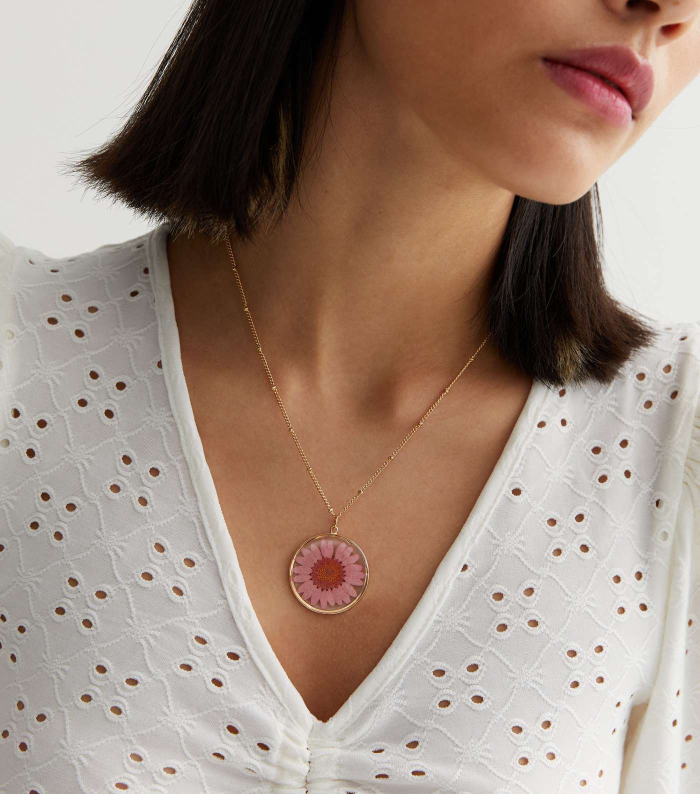 Mid Pink Circle Trapped Flower Pendant Necklace Image 2