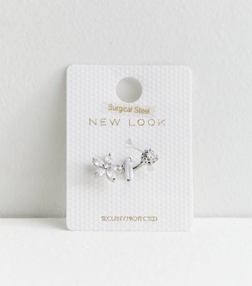 Silver Diamante Flower Belly Bar New Look