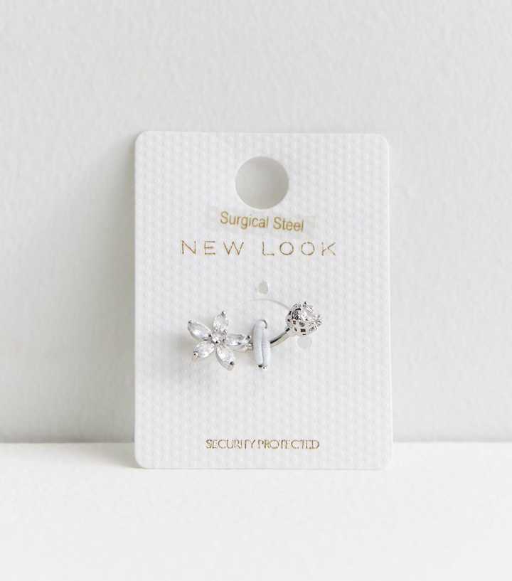 Silver Diamanté Flower Belly Bar