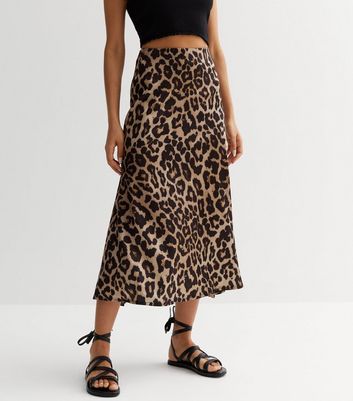 Petite Brown Leopard Print Satin Midi Skirt New Look