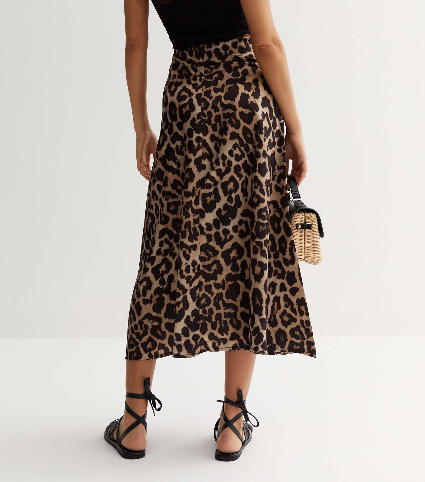 Petite Brown Leopard Print Satin Midi Skirt Image 4