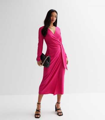 Petite Bright Pink Textured Long Sleeve Midi Wrap Dress