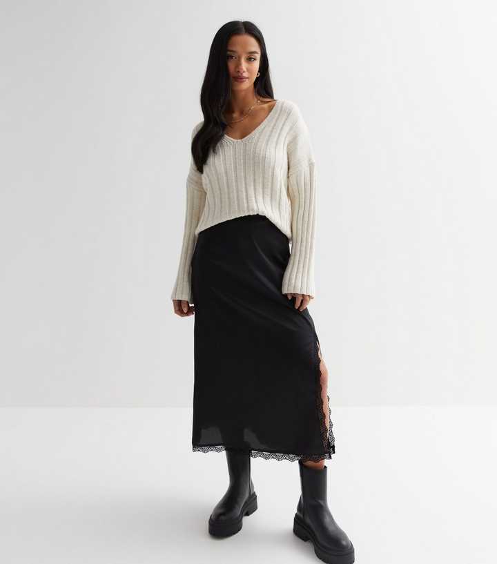 Petite Black Satin Lace Trim Midi Skirt | New Look