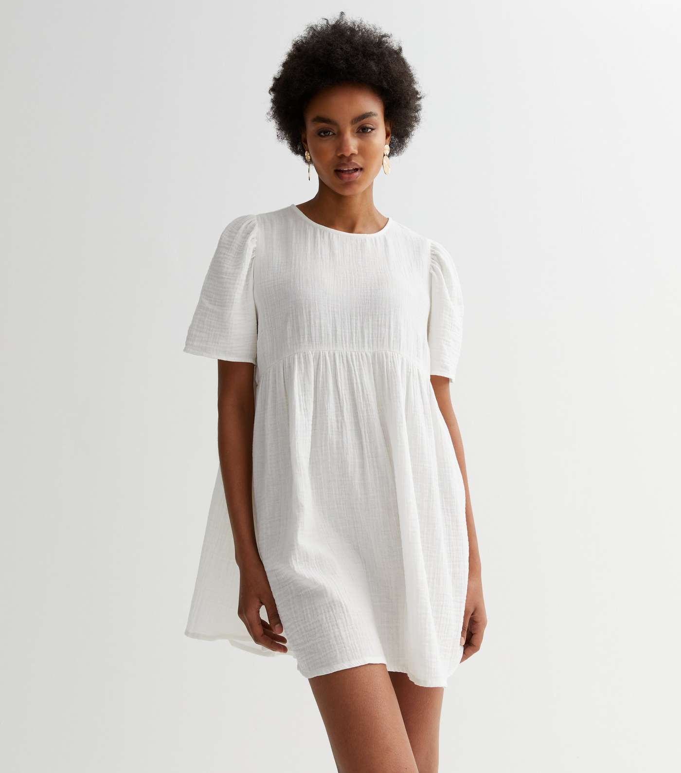 White Cheesecloth Mini Smock Dress