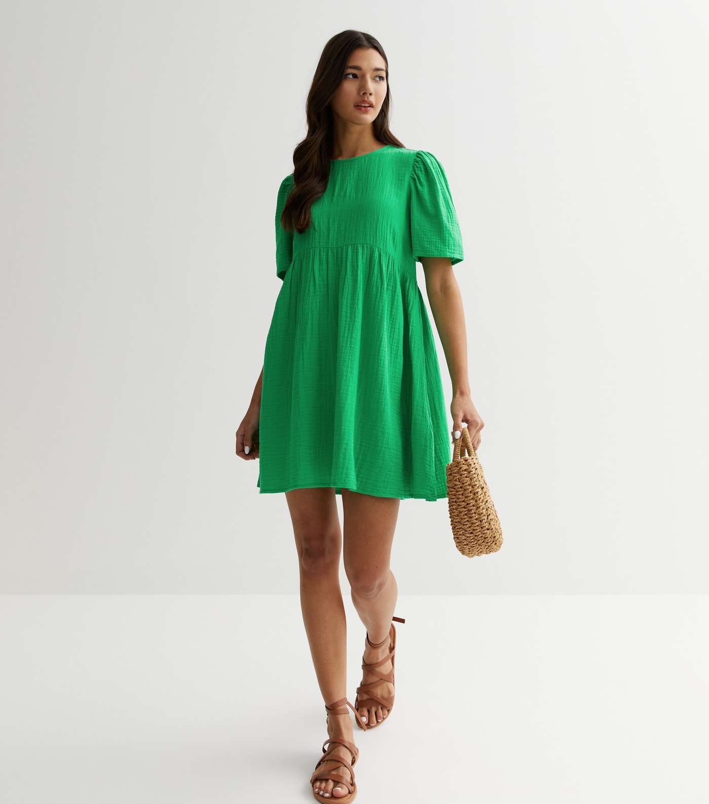 Green Cheesecloth Mini Smock Dress