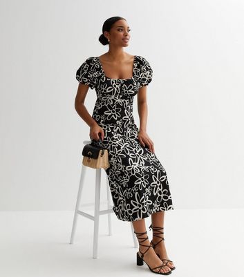 Black Floral Puff Sleeve Midi Dress New Look