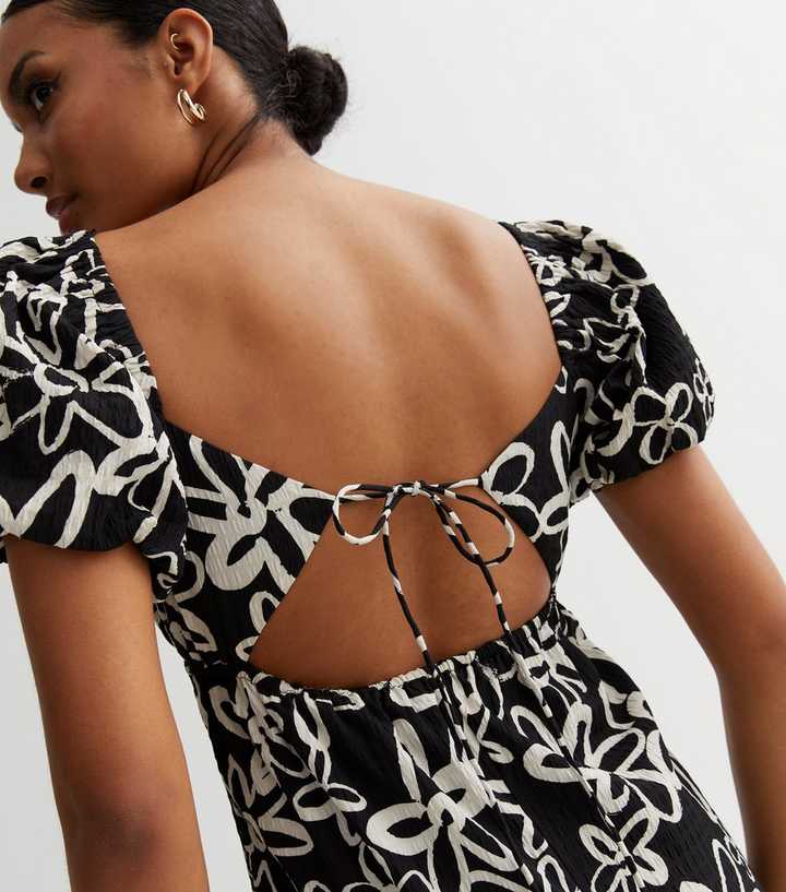 SweatyRocks Women's Floral Boho Slit Dress Puff Sleeve Square Neck Midi  Dresses Black XS at  Women's Clothing store