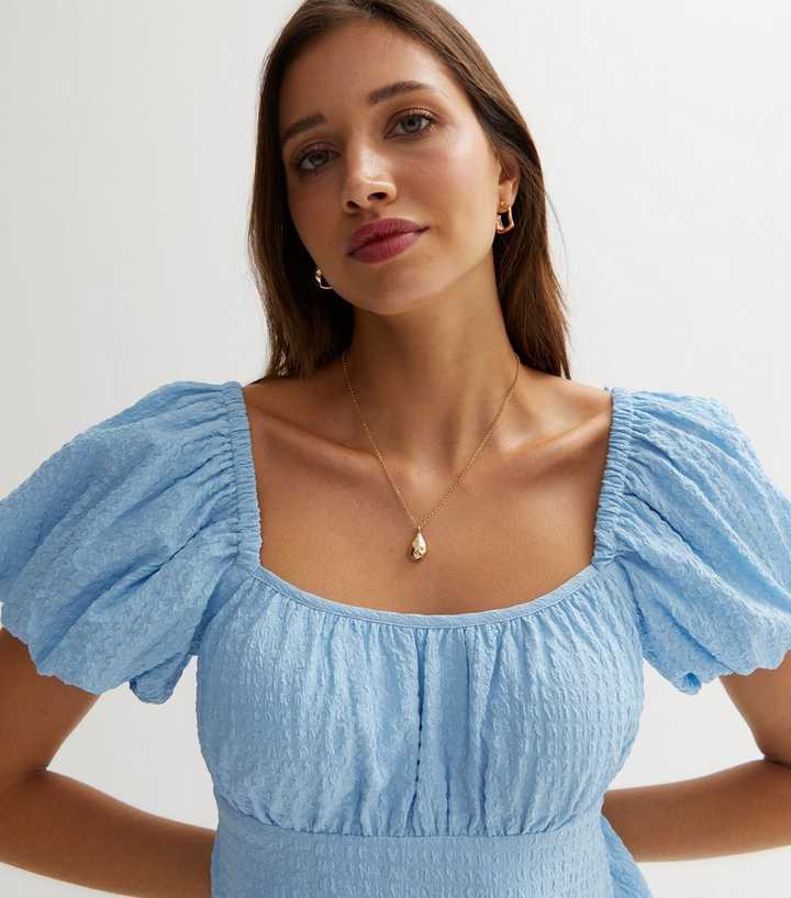 Pale Blue Textured Puff Sleeve Mini Dress | New Look