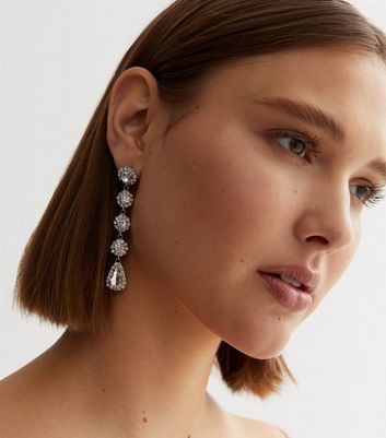 Crystal Flower Diamante Teardrop Earrings New Look