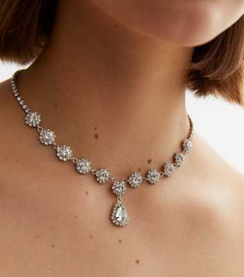 Crystal Flower Diamanté Teardrop Charm Necklace