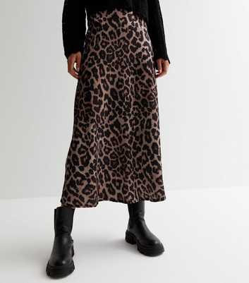 Tall Brown Leopard Print Satin Midi Skirt