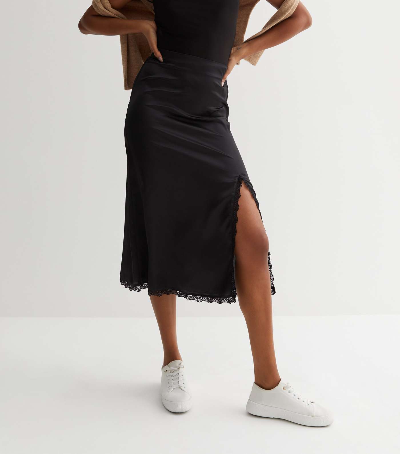 Tall Black Satin Lace Trim Split Midi Skirt Image 2