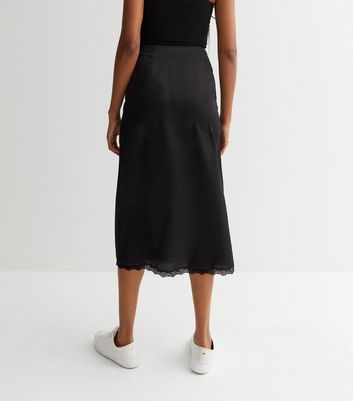 Tall Black Satin Lace Trim Split Midi Skirt