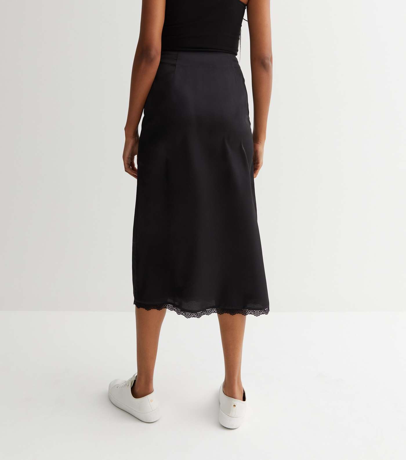 Tall Black Satin Lace Trim Split Midi Skirt Image 4