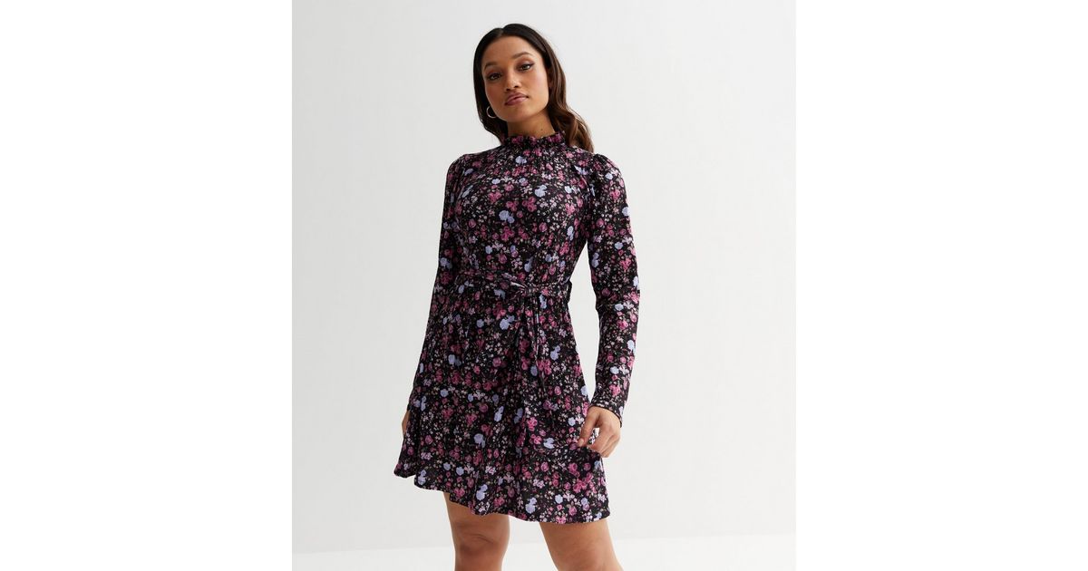 Petite Black Floral Frill High Neck Belted Mini Dress | New Look
