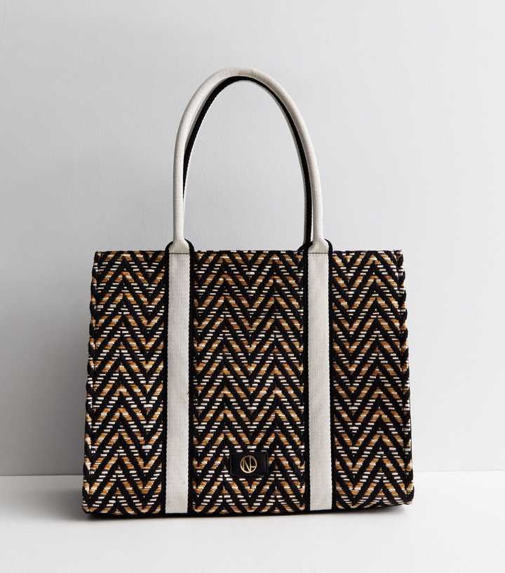 Black Chevron Straw Effect Mini Tote Bag