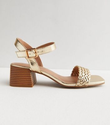 Gold 2 Part Woven Strap Mid Block Heel Sandals New Look