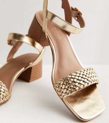 Gold 2 Part Woven Strap Mid Block Heel Sandals New Look