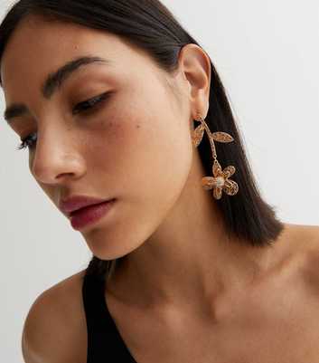 Gold Hanging Flower Stud Earrings