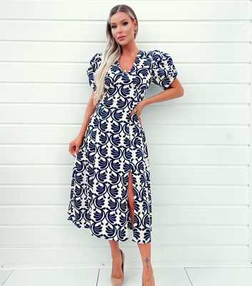 AX Paris Blue Paisley V Neck Puff Sleeve Split Midi Dress
