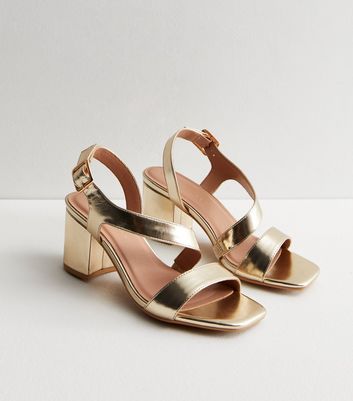 Wide Fit Gold Asymmetric Mid Block Heel Sandals New Look