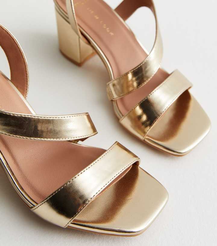 Wide Fit Gold Asymmetric Mid Block Heel Sandals
