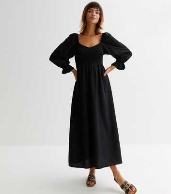 Black Shirred Long Sleeve Midi Dress