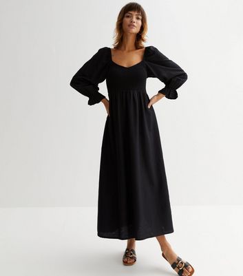 Black Shirred Long Sleeve Midaxi Dress New Look