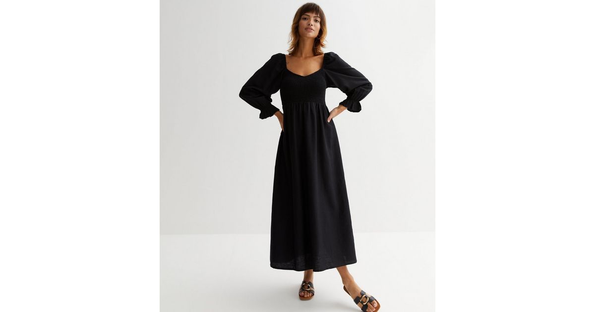 Black Shirred Long Sleeve Midi Dress | New Look