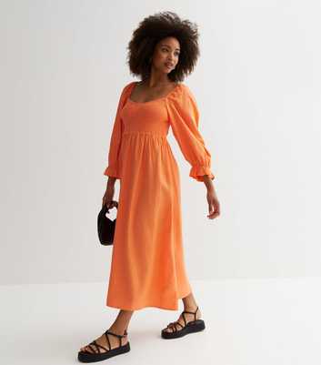 Orange Shirred Long Sleeve Midi Dress