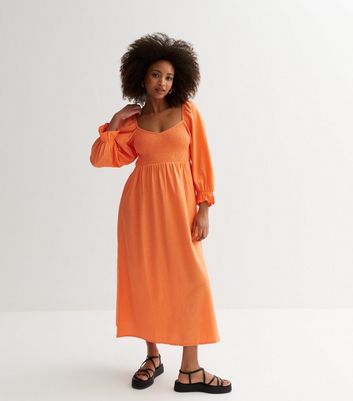 Orange Shirred Long Sleeve Midaxi Dress New Look