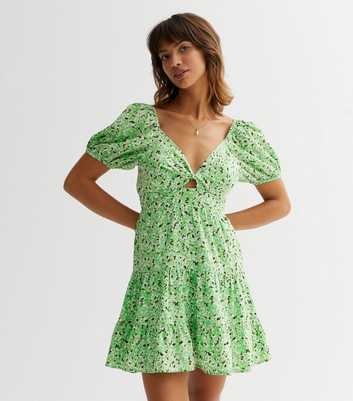Green Floral Twist Front Mini Dress