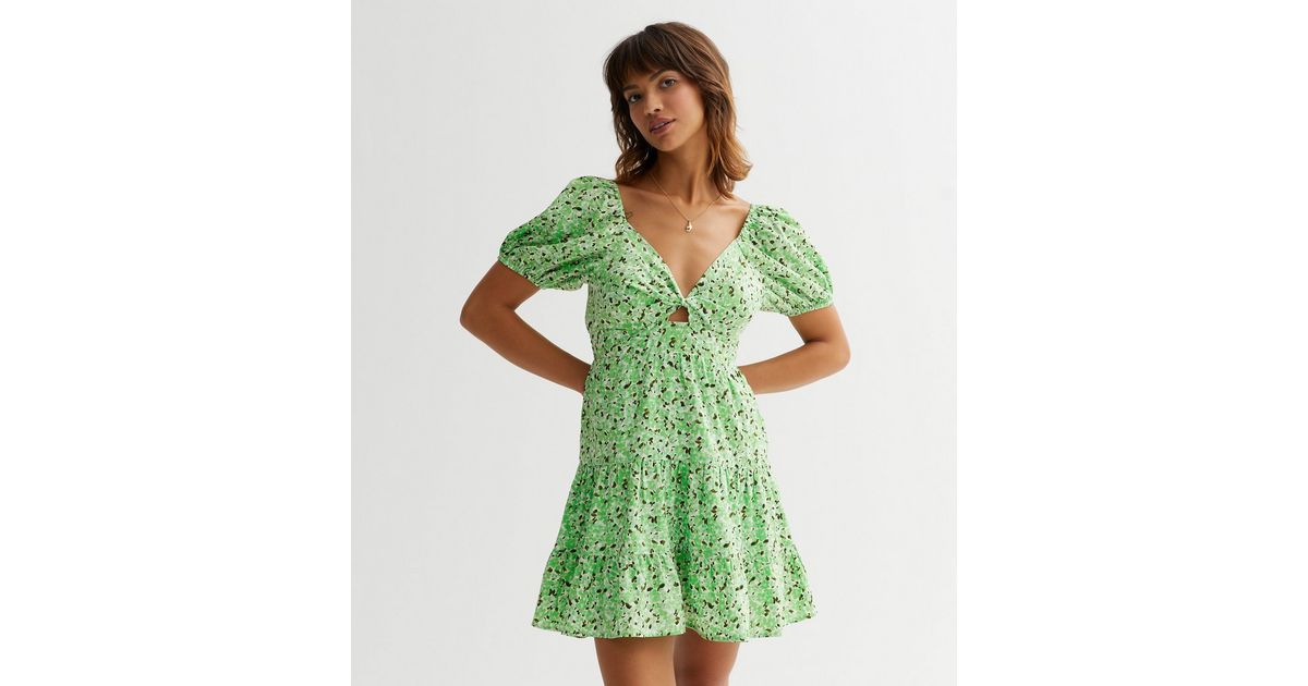 Green Floral Twist Front Mini Dress | New Look