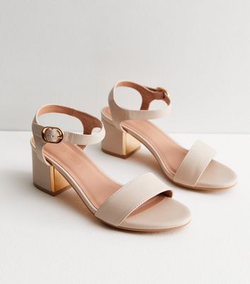 Wide Fit Stone Leather Look Mid Block Heel Sandals New Look