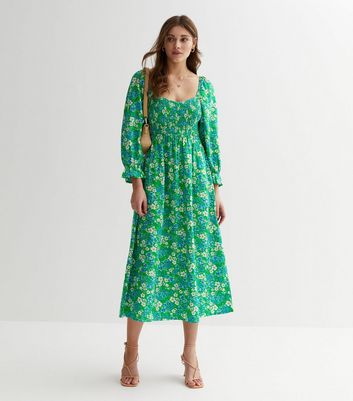 Green Floral Shirred Long Sleeve Midi Dress New Look