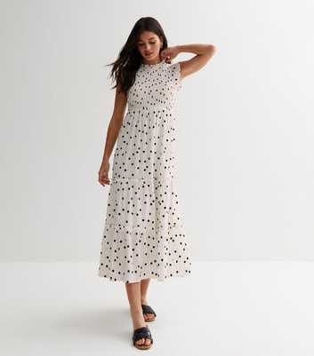 White Spot Frill Shirred Midi Dress
