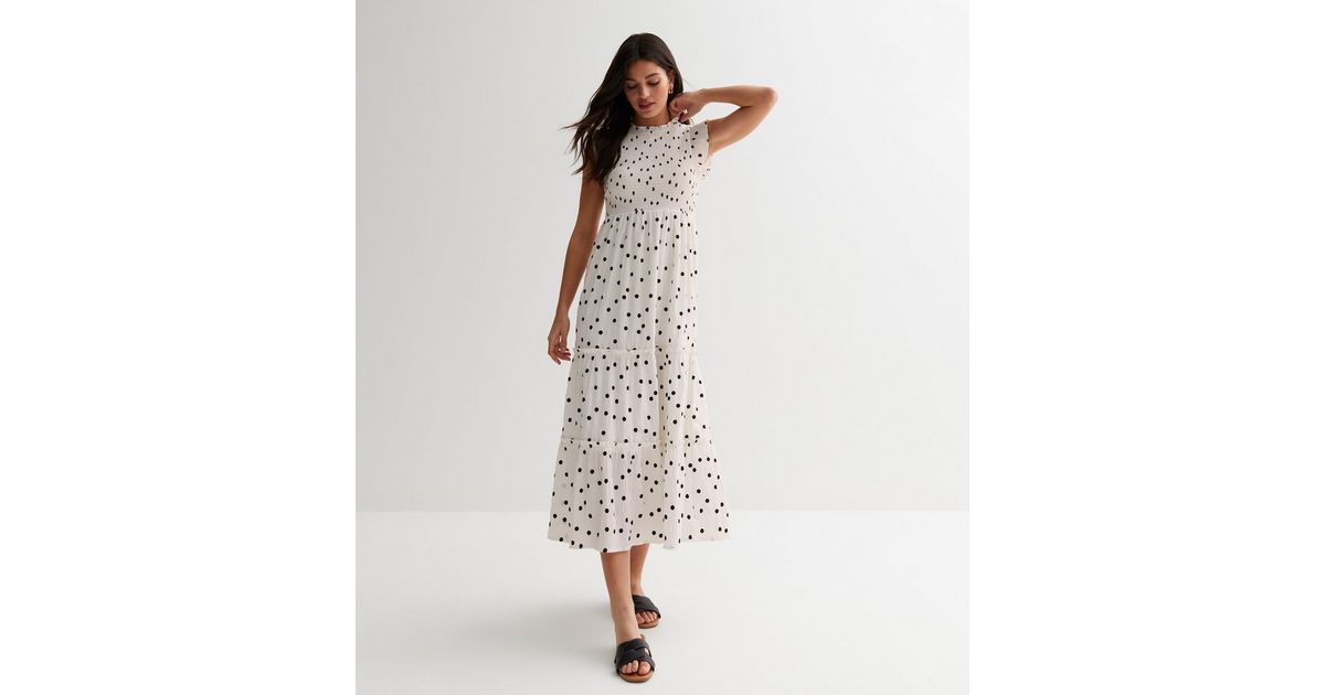 White Spot Frill Shirred Midi Dress | New Look