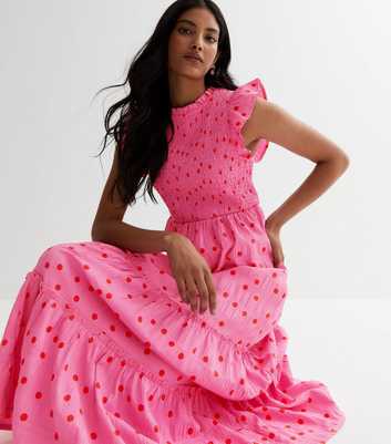 Pink Spot Frill Shirred Midi Dress
