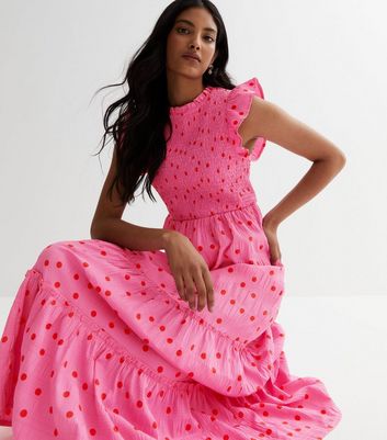 Pink Spot Frill Shirred Maxi Dress | New Look