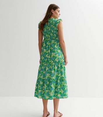 Green Floral Frill Tiered Midi Dress New Look