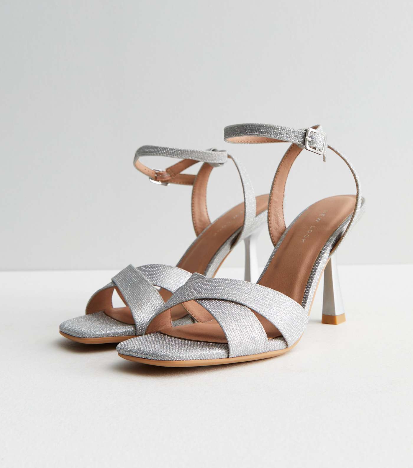 Silver Shimmer 2 Part Flared Stiletto Heel Sandals Image 4