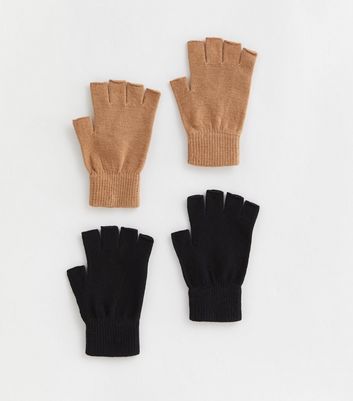 2 Pack Light Brown and Black Fingerless Gloves New Look